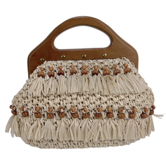 Vintage Handmade Japanese Raffia with Wooden Handle & Beaded detailing Bag Purse - Picture 6 of 10